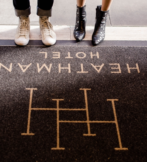 welcome mat at the entrance of the Heathman Hotel